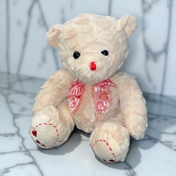 Goffa Teddy Bear Plush 11" Heart Bow Ribbon Embroidered Textured Nursery Toy - Picture 10 of 10